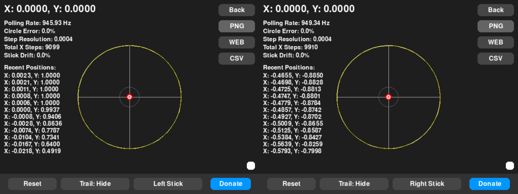 GameSir G7 Pro左右スティックのJoystick Tester v2.3.10による測定結果